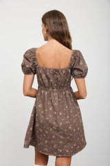 Dark Brown Ditsy Floral Puff Sleeve Dress