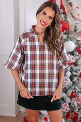 Plaid V Neck Puff Sleeve Top