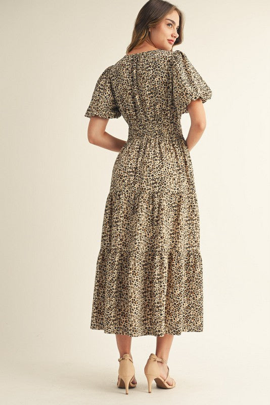 Leopard Print V-Neck Maxi Dress With Sleeves