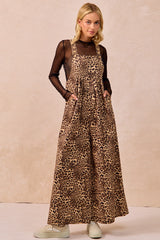 Leopard Printed Wide Leg Overall with Pocket