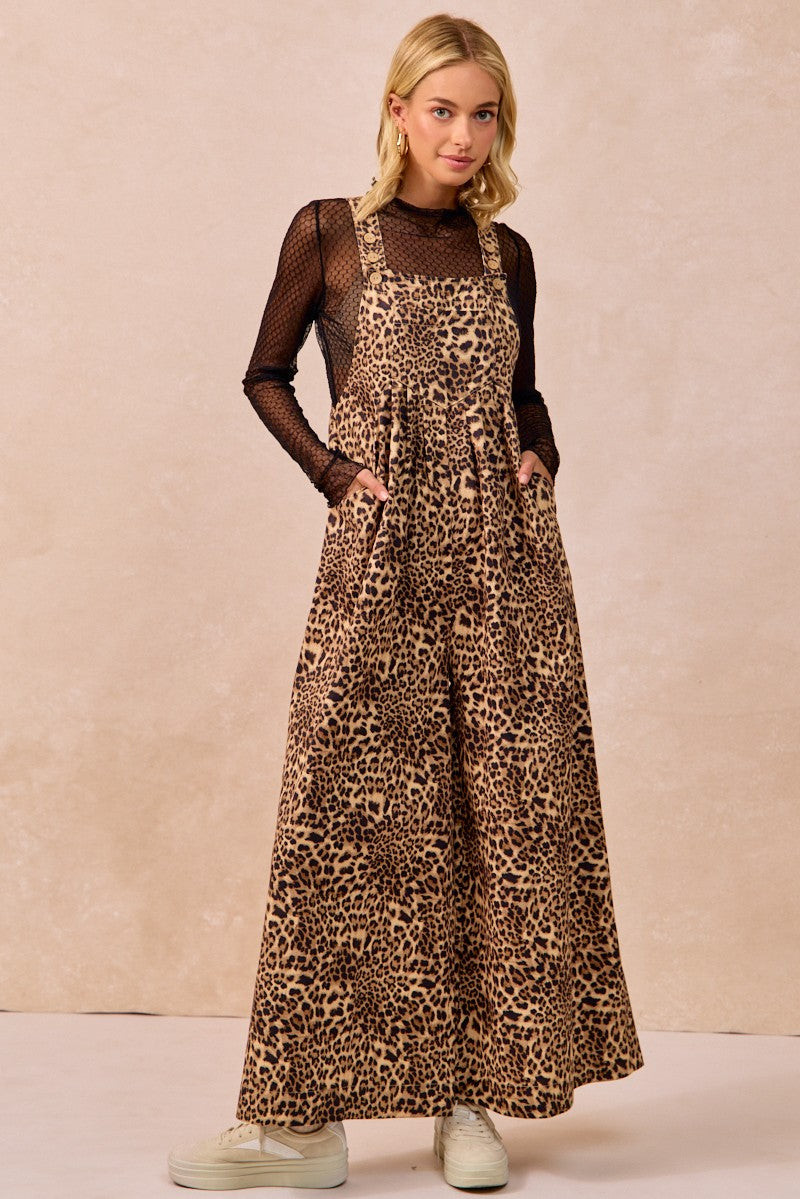 Leopard Printed Wide Leg Overall with Pocket