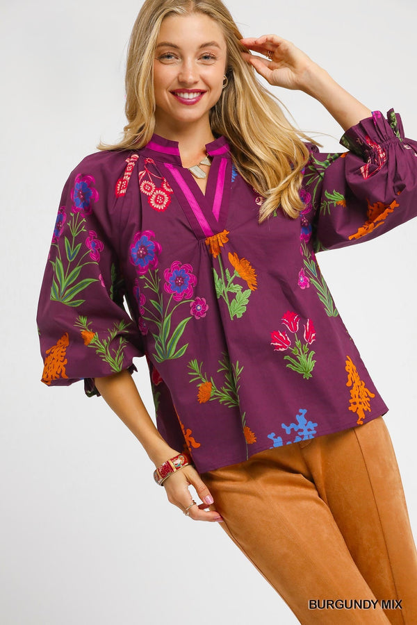 Floral Print V Neck Collar Top