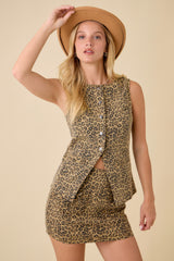 Leopard Printed Denim Button Up Vest