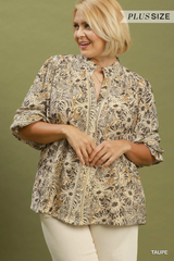 Curvy Taupe Floral Print Button Down Lace Trim Top