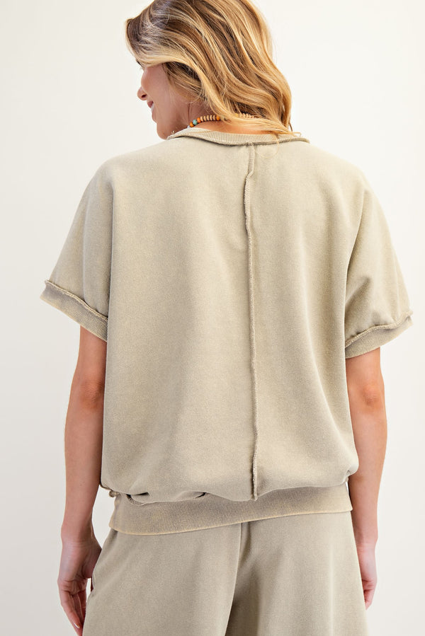 Olive Flower Patch Short Sleeve Raw Seam Knit Top