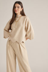 Oatmeal Mock Neck Scallop Hem Sweater