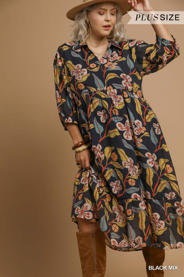 Curvy Black Floral Tiered Midi Dress