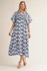 Blue and Ivory Print Midi Dress