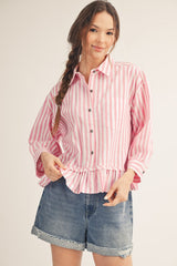 Pink and White 3/4 Sleeve Pleated Ruffle Hem Top