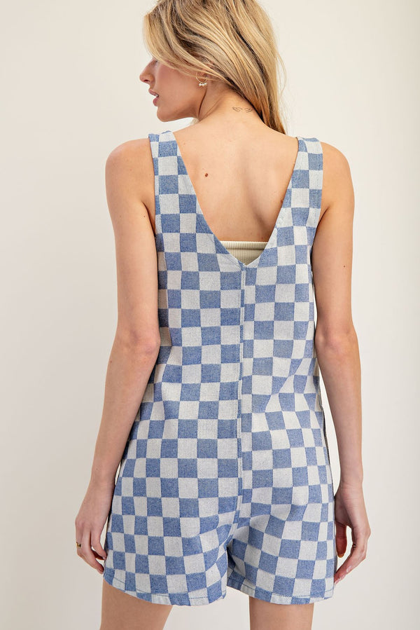 Denim Checkered Romper with Front Pockets