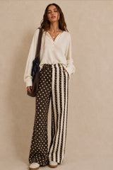 Brown Mix Dot and Stripe Panel Wide Leg Pants