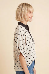 Drop Shoulder Polka Dot Contrast Collar Top