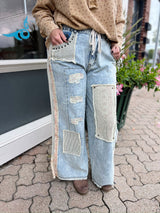 Chambray Floral Patchwork Pants With Lace & Stud Details