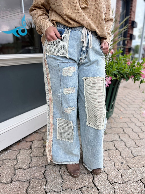 Chambray Floral Patchwork Pants With Lace & Stud Details