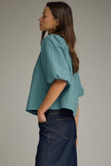 Blue Stripe Self Tie Neck Puff Sleeve Top