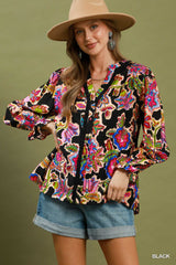 Black Floral Ruffle Detail Button Down Top