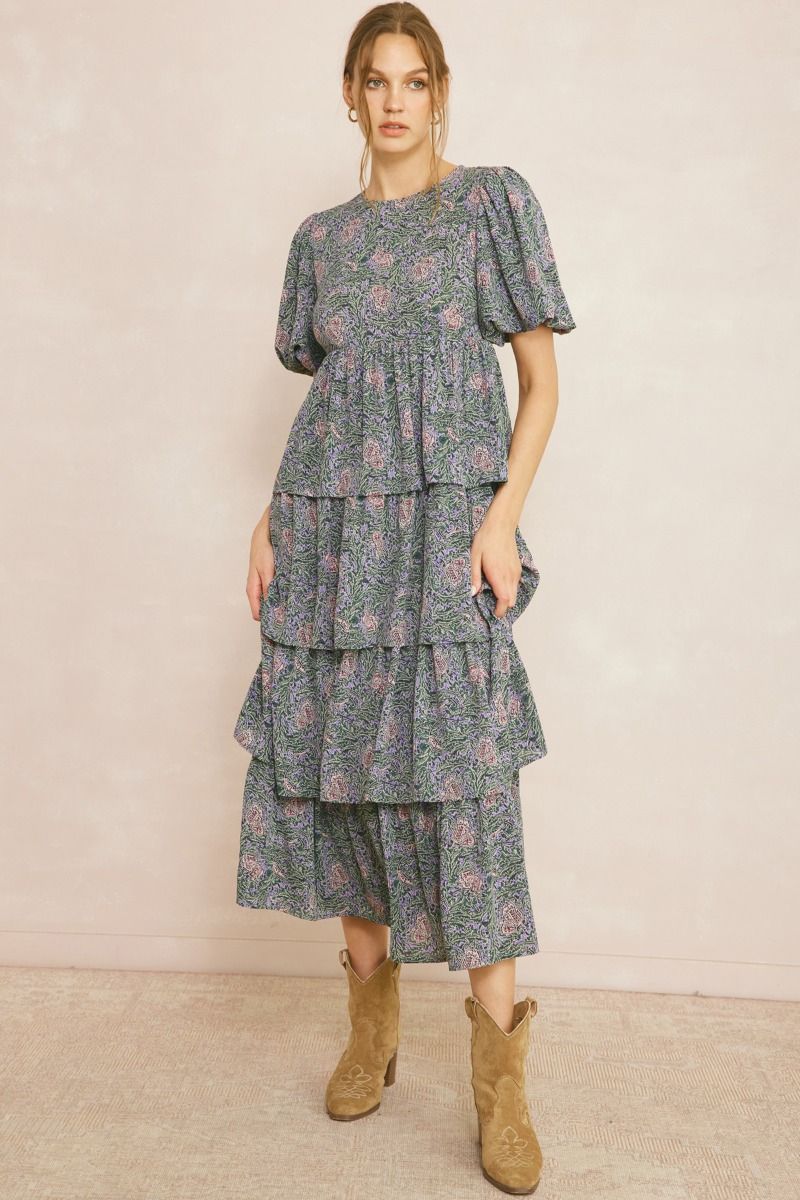 Green Mix Floral Balloon Sleeve Maxi Dress
