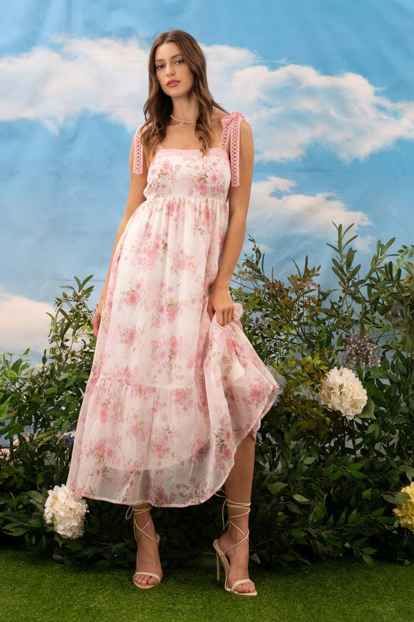 Pink Floral Crochet Strap Maxi Dress
