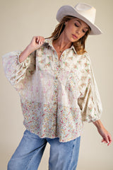 Cream Print Mix Washed Button Down Shirt
