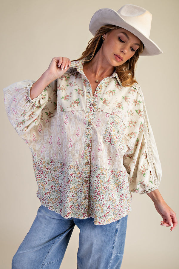 Cream Print Mix Washed Button Down Shirt