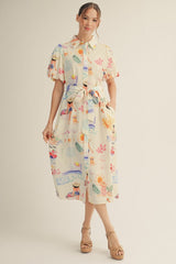 Ivory Button Down Summer Beach Print Dress