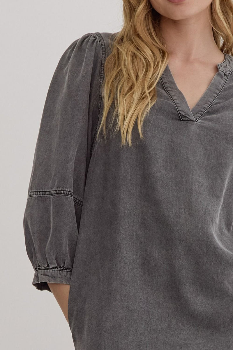 Denim Charcoal 3/4 Balloon Sleeve Dress