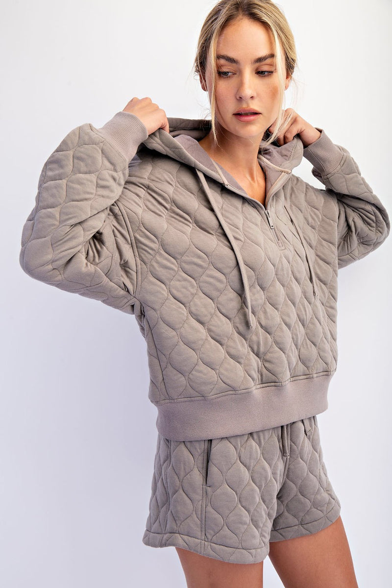 Taupe Quilted Quarter Zip Hoodie