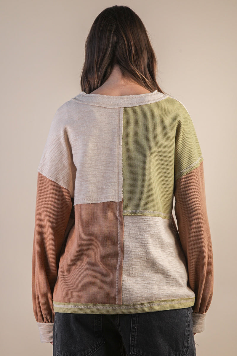 Colorblock Waffle Knit V-Neck Shirt