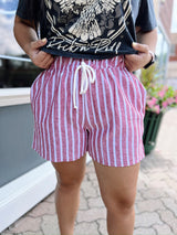 Red & White Stripe Elastic Banded Shorts W/ Tie