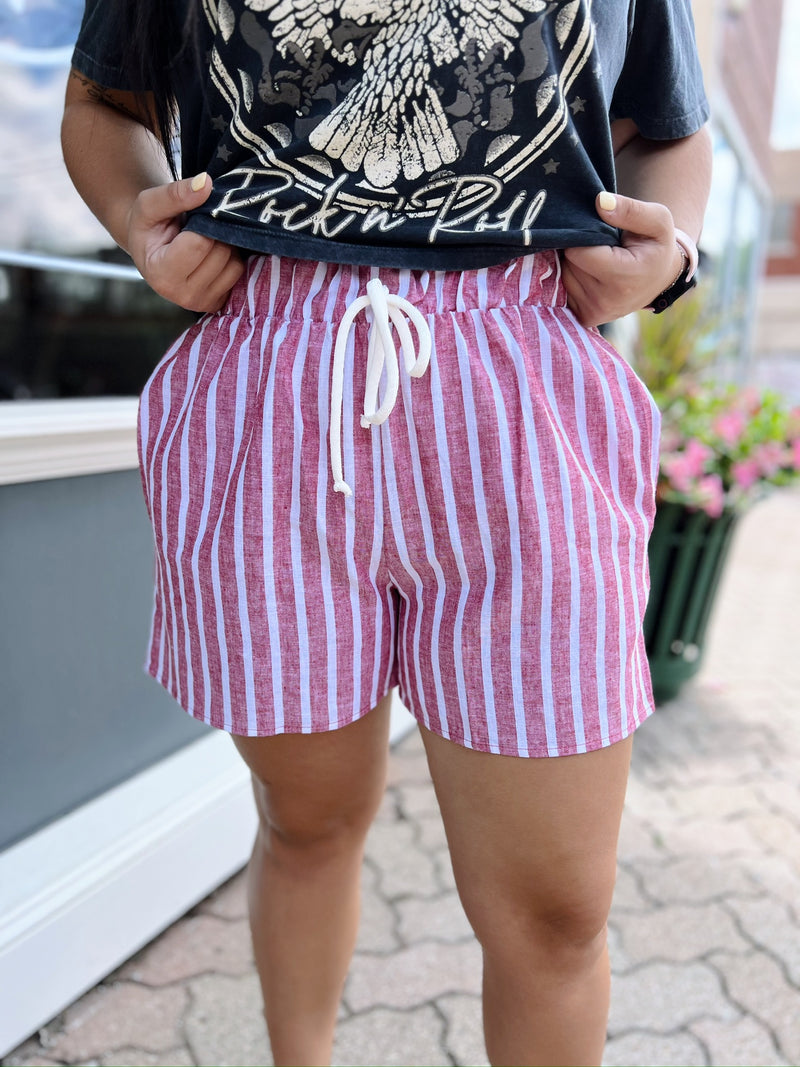 Red & White Stripe Elastic Banded Shorts W/ Tie