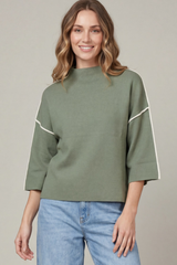 Olive 3/4 Sleeve Mock Neck Trimmed Sweater
