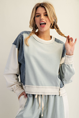 Sage Frayed Color Block Long Sleeve Top