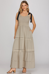 Black Striped Smocked Shoulder Tie Maxi Dress