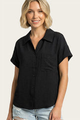 Black Short Sleeve Button Down Top