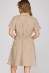 Brown Gingham Elastic Waist Collared Dress