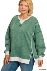 Curvy Fleece Acid Washed Contrast Trim Pullover