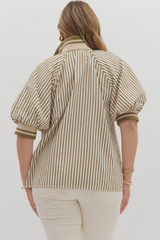 Curvy Olive Stripe Pattern Half-Zip Short Puff Sleeve Top