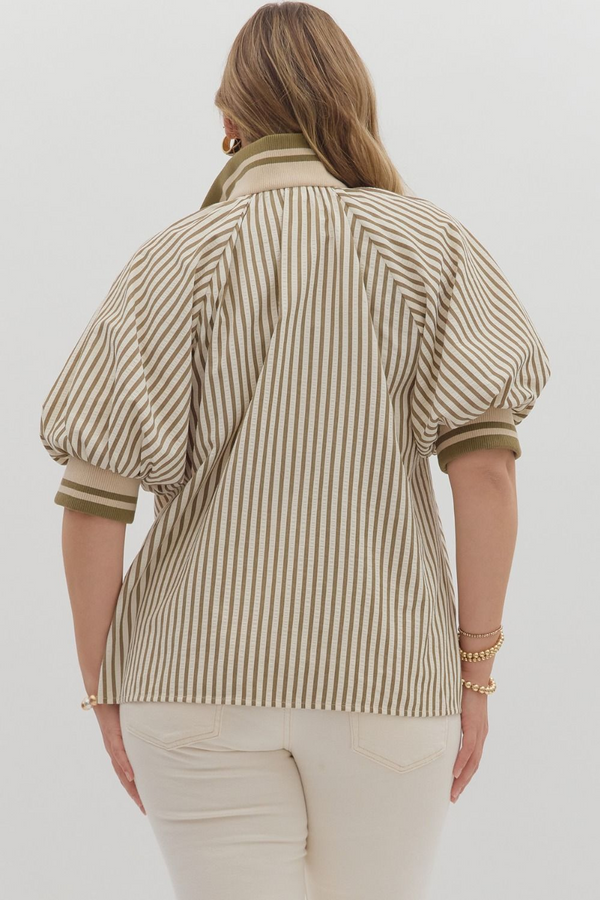 Curvy Olive Stripe Pattern Half-Zip Short Puff Sleeve Top