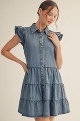 Chambray Button Down Tiered Dress