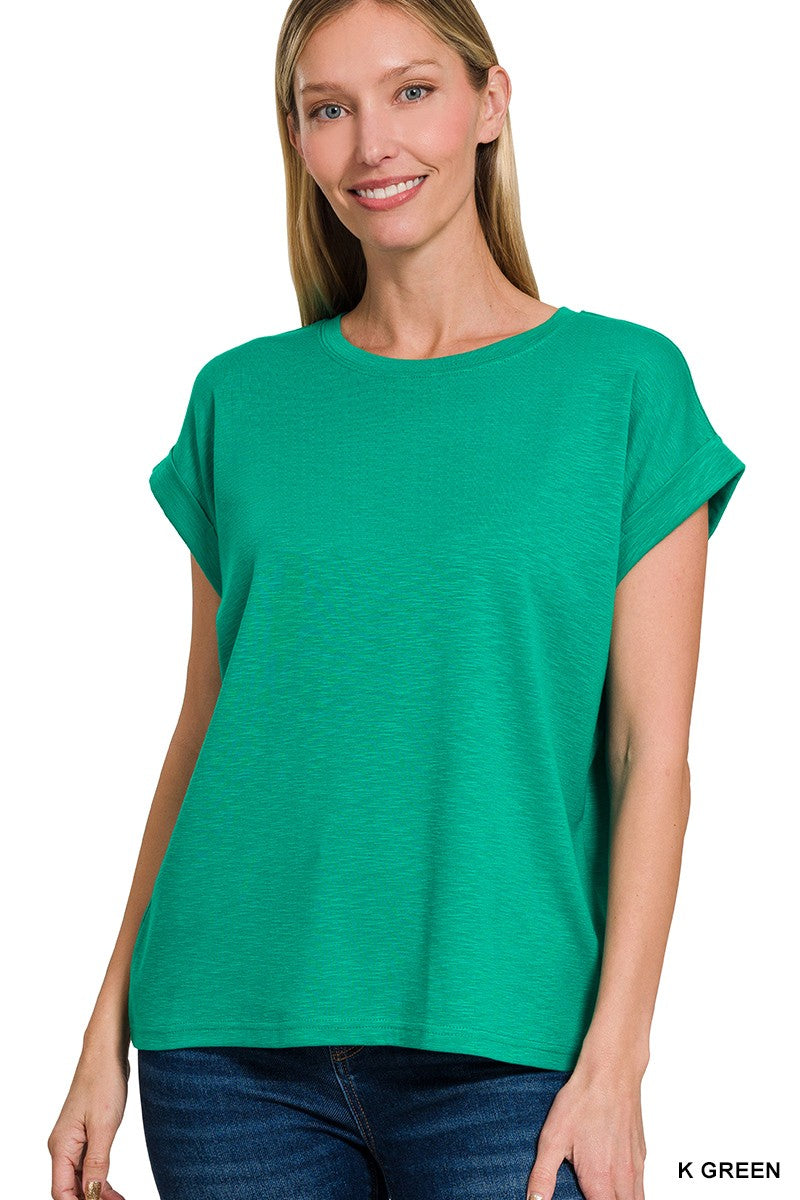 Relaxed Fit Round Neck Rolled Sleeve Top