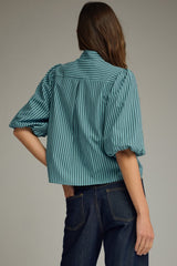 Blue Stripe Self Tie Neck Puff Sleeve Top