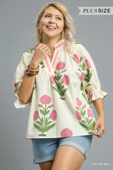 Curvy Cream Floral Poplin Puff Sleeve Top