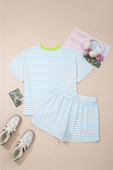 Blue Striped Tee and Drawstring Shorts Set