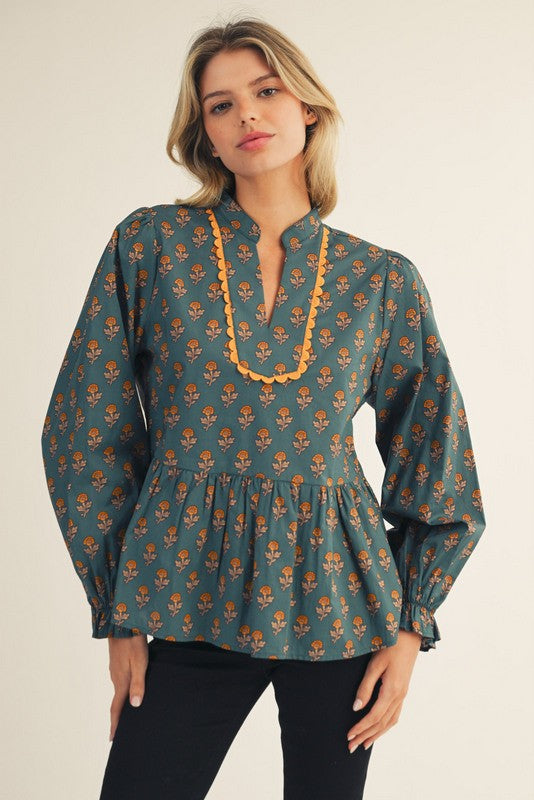Teal Floral Peplum Top