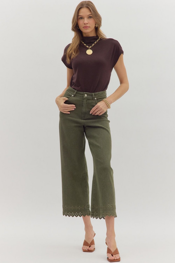 Olive High Waist Crop W/ Floral Embroidered Hem