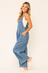 Curvy Denim Wide Leg Overalls with Fray Hem