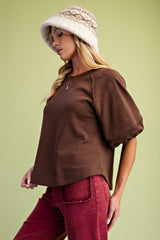 Brown Puff Eyelet Sleeve Top