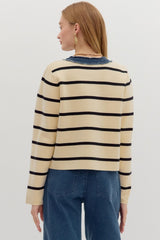 Striped Button Up Sweater Jacket W/ Denim Contrast