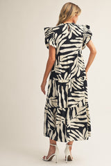 Black Palm Print Midi Dress