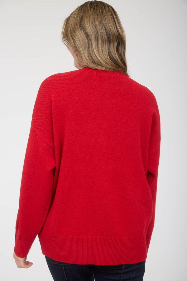 Red Front Seam Mock Neck Sweater